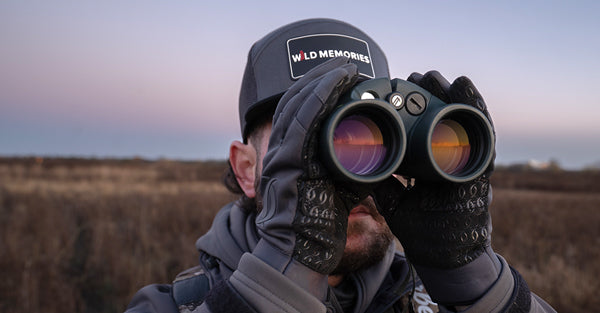 Man, in a field, looking through his binoculars at dawn